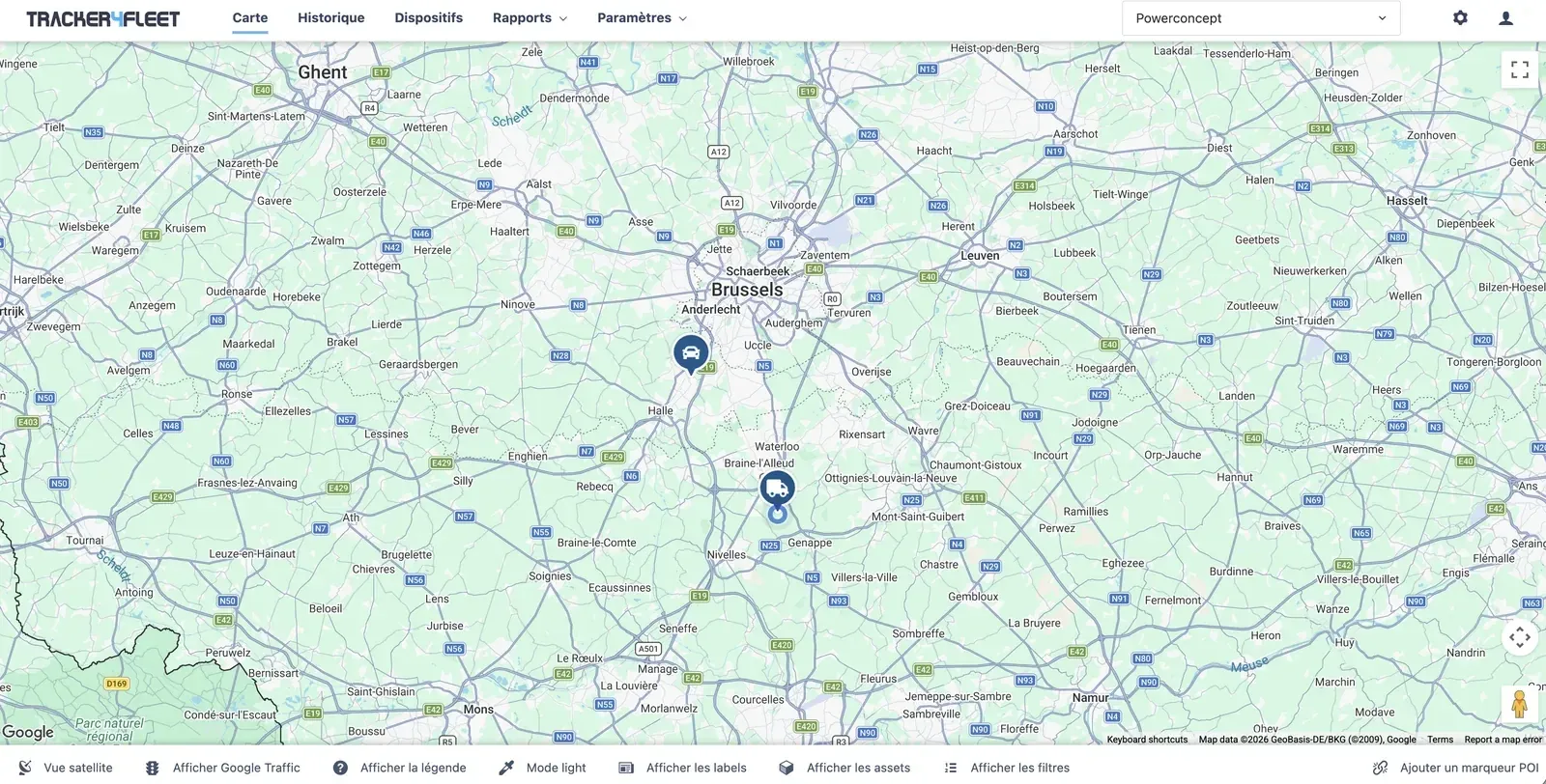 Carte de suivi de flotte en temps réel sur la plateforme Tracker4Fleet, région de Bruxelles et Nivelles
